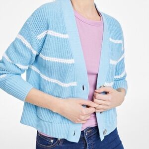 On 34th Sky Blue Striped Patch-Pocket V-Neck Cardigan